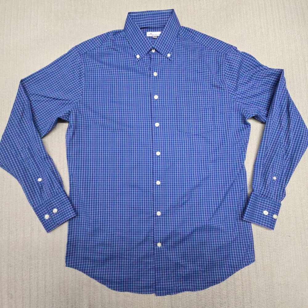 Peter Millar Shirt Mens Medium Blue Check Long Sleeve Button Down Stretch Casual